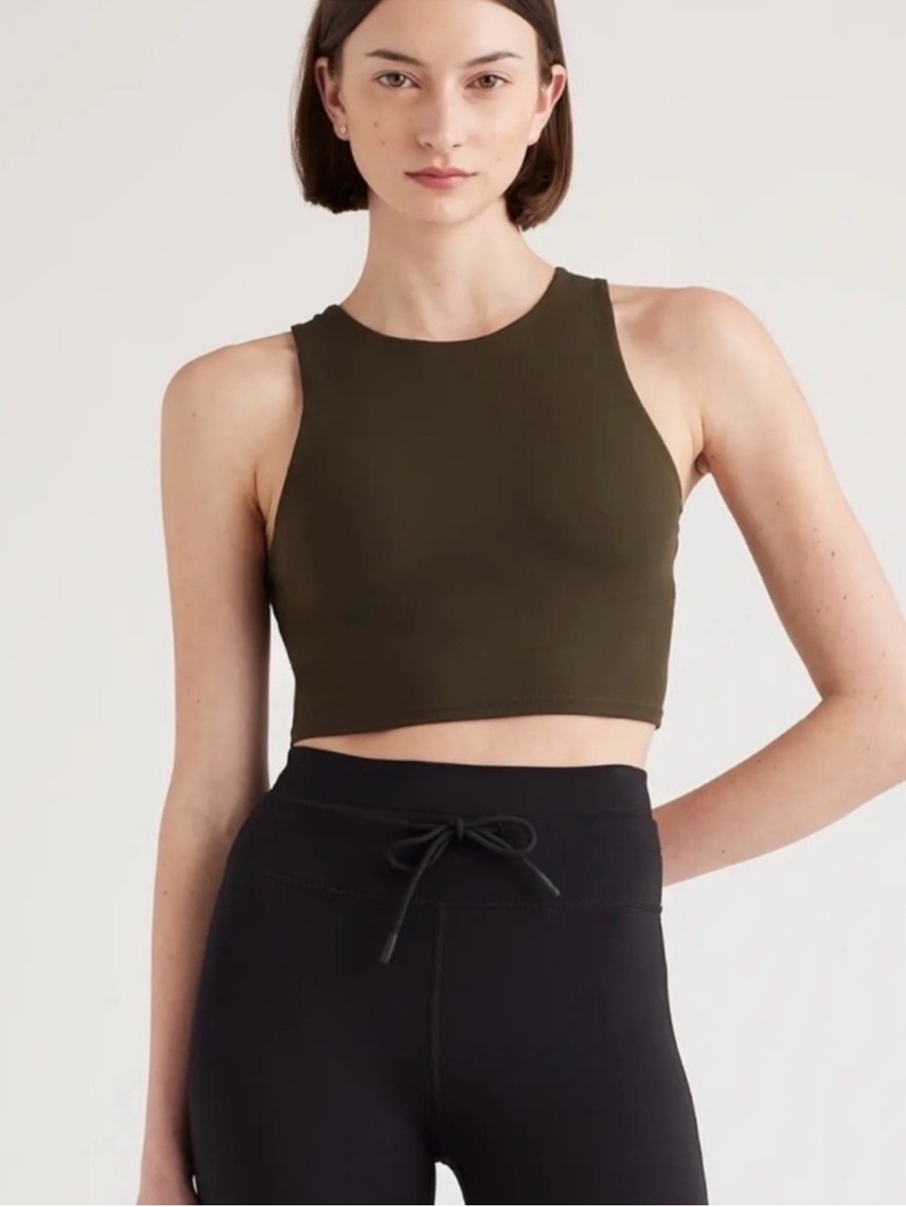 NWT QUINCE Ultra-Form High-Neck Cropped Tank Small Smokey Olive 0256
